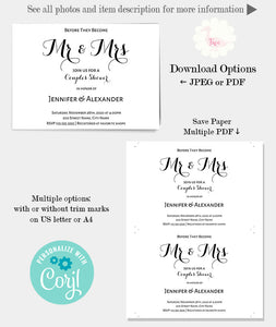 Couples shower invitation, printable editable template, A501