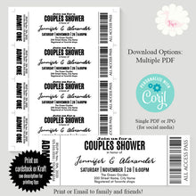 Load image into Gallery viewer, Couples Shower ticket, printable invitation, editable template, A111
