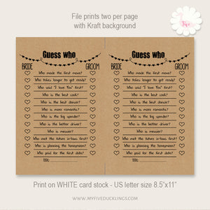 Bridal Shower Game, Guess Who, printable digital file, instant download, G101