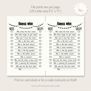 Bridal Shower Game, Guess Who, printable digital file, instant download, G101