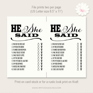 Bridal Shower Game, He Said She Said, printable digital file, instant download, G107