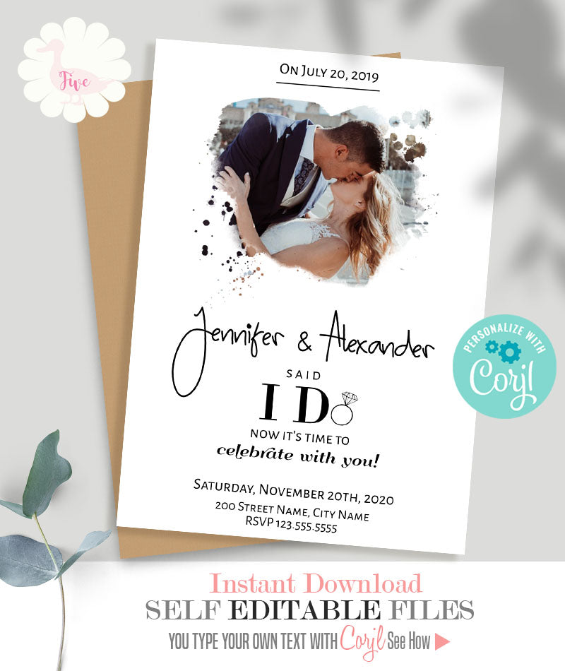 Elopement Wedding Celebration invitation, printable editable template, A310