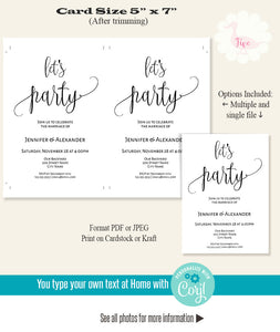 Let's Party invitation, Post-wedding celebration, printable invite, editable template, A521