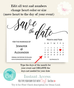 Save the Date with calendar self-editable template, A612