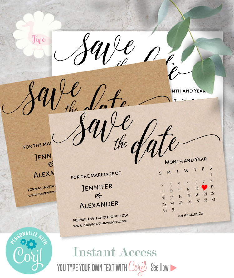 Save the Date with calendar self-editable template, A612