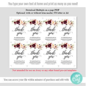 Floral Thank you Favor Tag template | Instant download