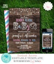 Load image into Gallery viewer, Gender Reveal BaByQ, printable invitation, editable template, A711
