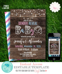 Gender Reveal BaByQ, printable invitation, editable template, A711