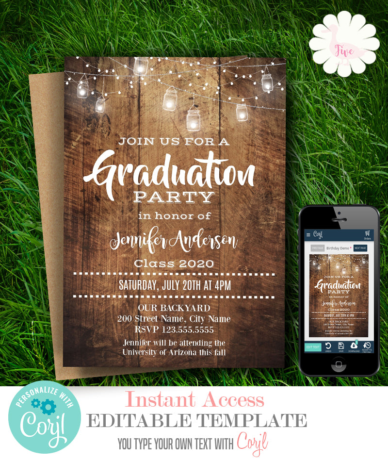 Rustic Graduation party invitation, printable editable template, A800