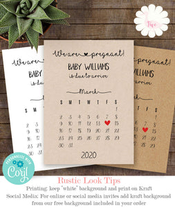 Pregnancy announcement with calendar, printable editable template, A317