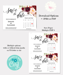 Floral Save the Date with calendar printable self-editable template, A512