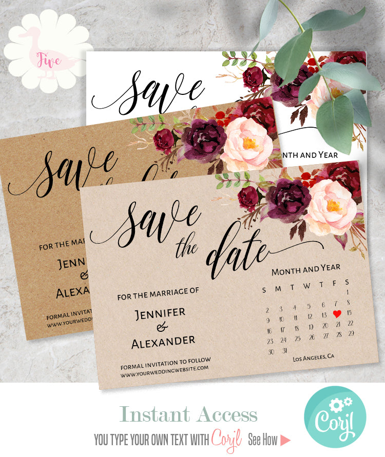 Floral Save the Date with calendar printable self-editable template, A512