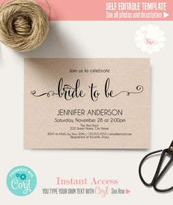 Bridal shower invitation, printable editable template, A312