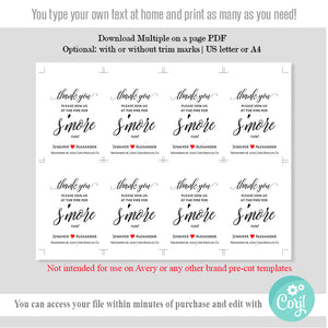 Editable S'more love favor tags, printable self-editable template, A124