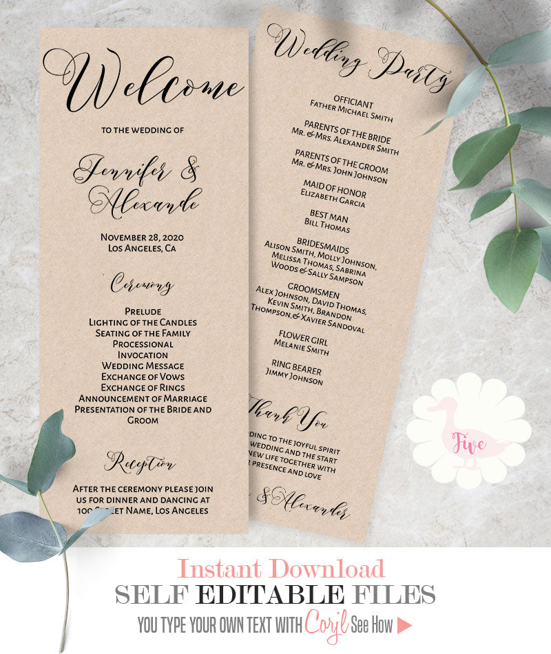 Wedding Ceremony program, editable template, A313