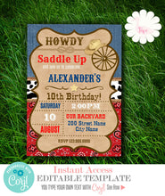 Load image into Gallery viewer, Western Birthday party Invitation, print or email, self-editable template, A704
