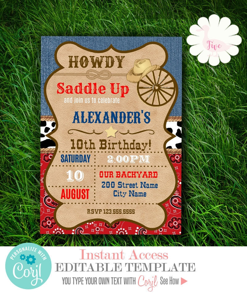 Western Birthday party Invitation, print or email, self-editable template, A704